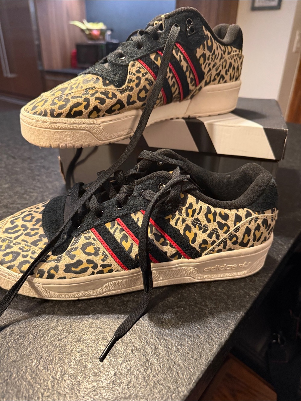 adidas Women’s Leopard Print Sneakers in Tan, Black & Red Stripes